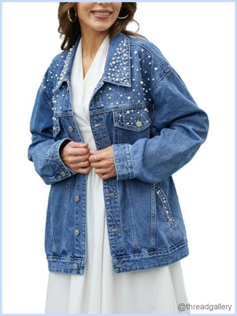 Oversize Denim Jacket Loose Boyfriend Pearl Rhinestone Trucker Coat